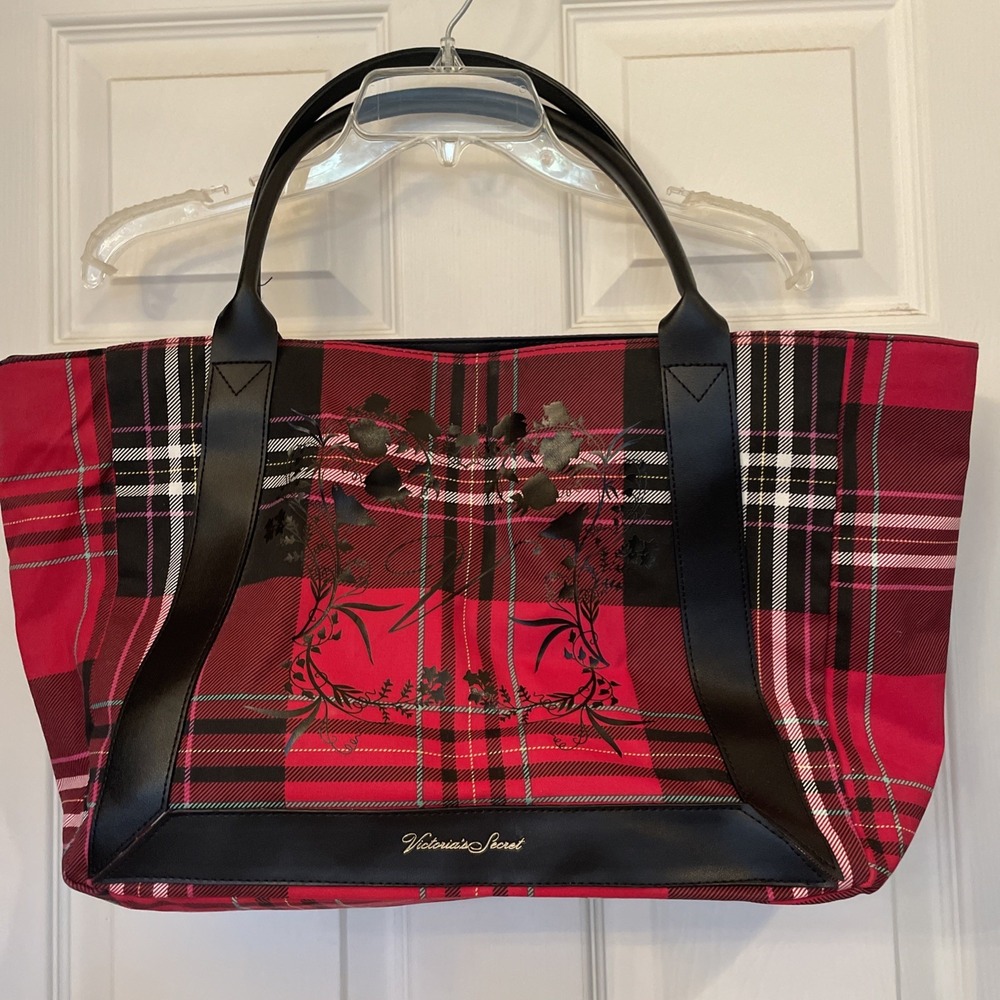 Victoria's‎ Secret Red Plaid Tote Bag with Black Leather Straps